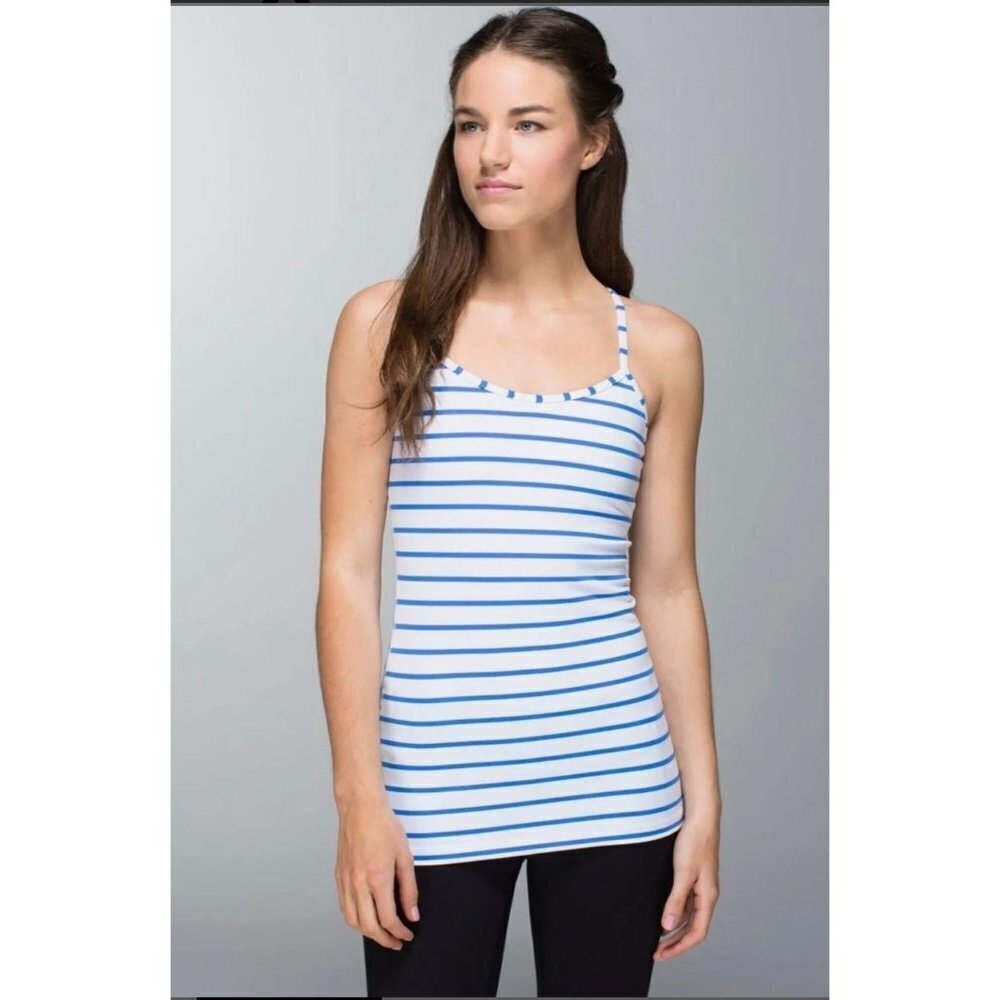 Lululemon Power Y Built In Bra Sports Top Tank White Blue Stripes Size 6